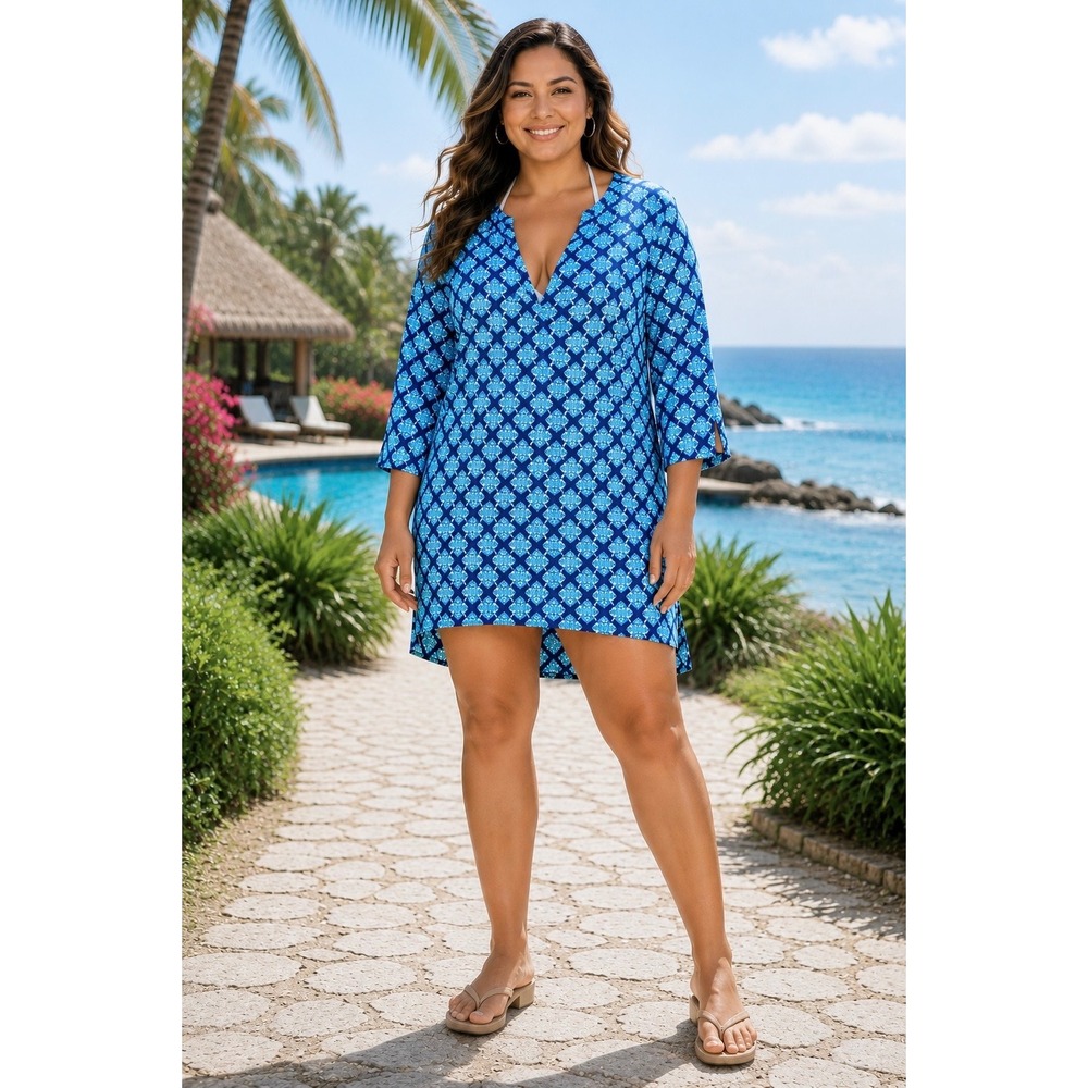 COVER 2 COVER Swim Cover-Up XL Geometric V-Neck Beach Resort Vacation Blue